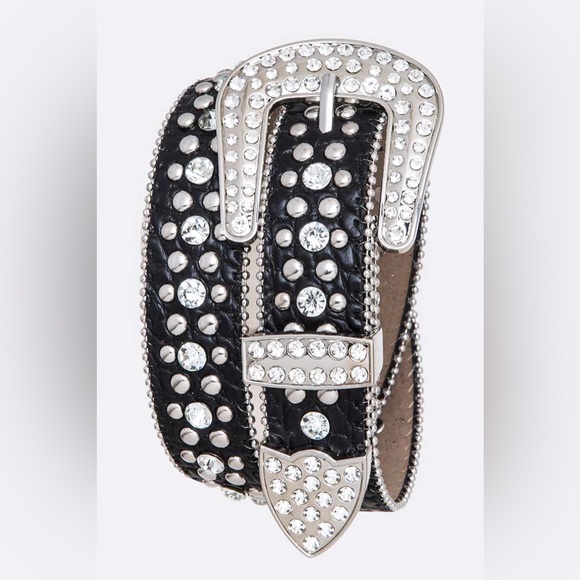 Black Genuine Leather Crystal Studded Western Statement Belt - Picture 1 of 2